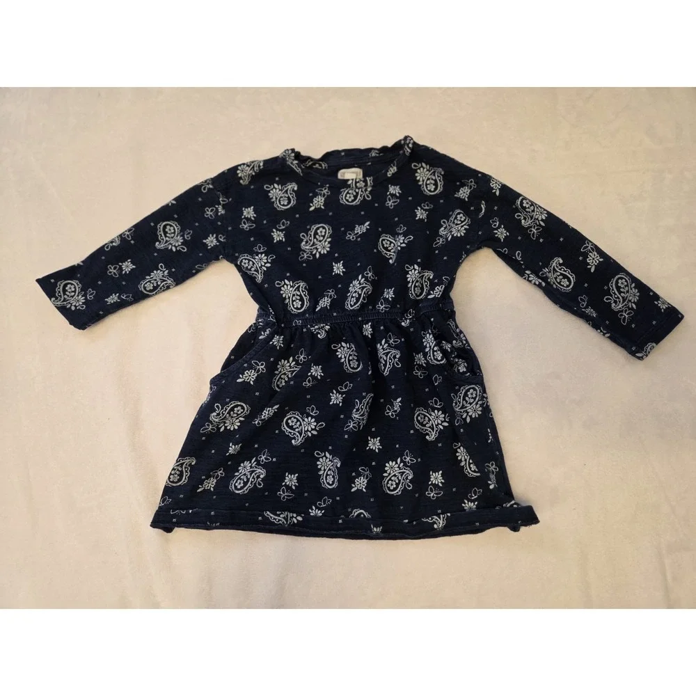 082 Gymboree Girls 3T Paisley Fit/ Flare Long Sleeve Blue White Round Neck Dress